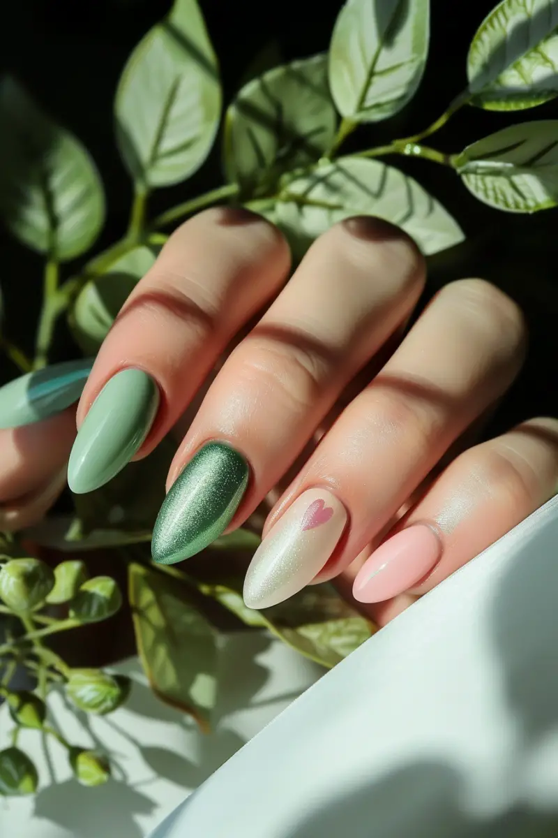 Sage Green and Pink Nails