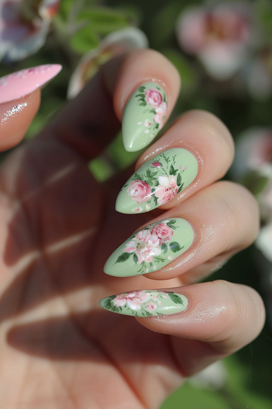Sage Green and Pink Nails