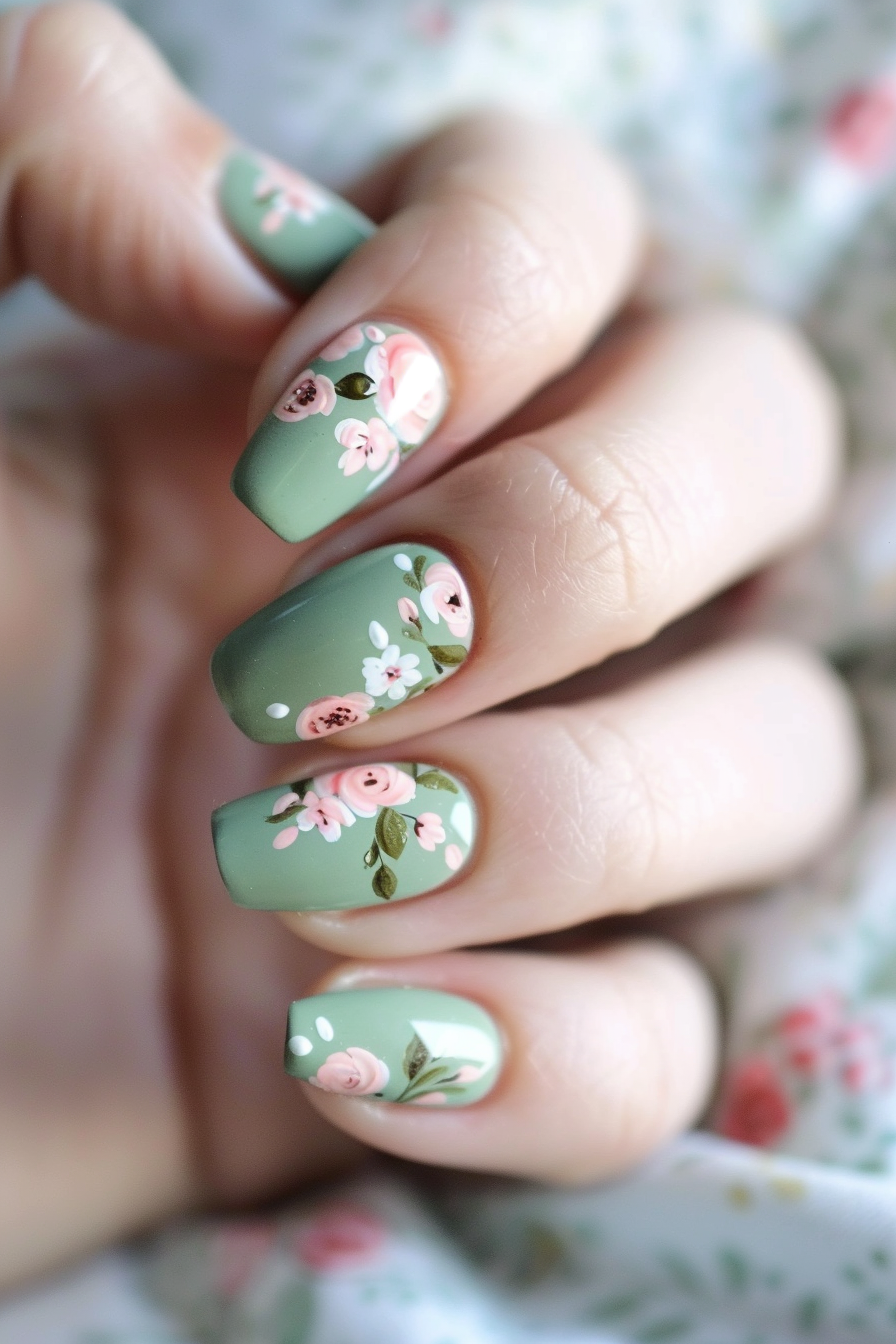 Sage Green and Pink Nails