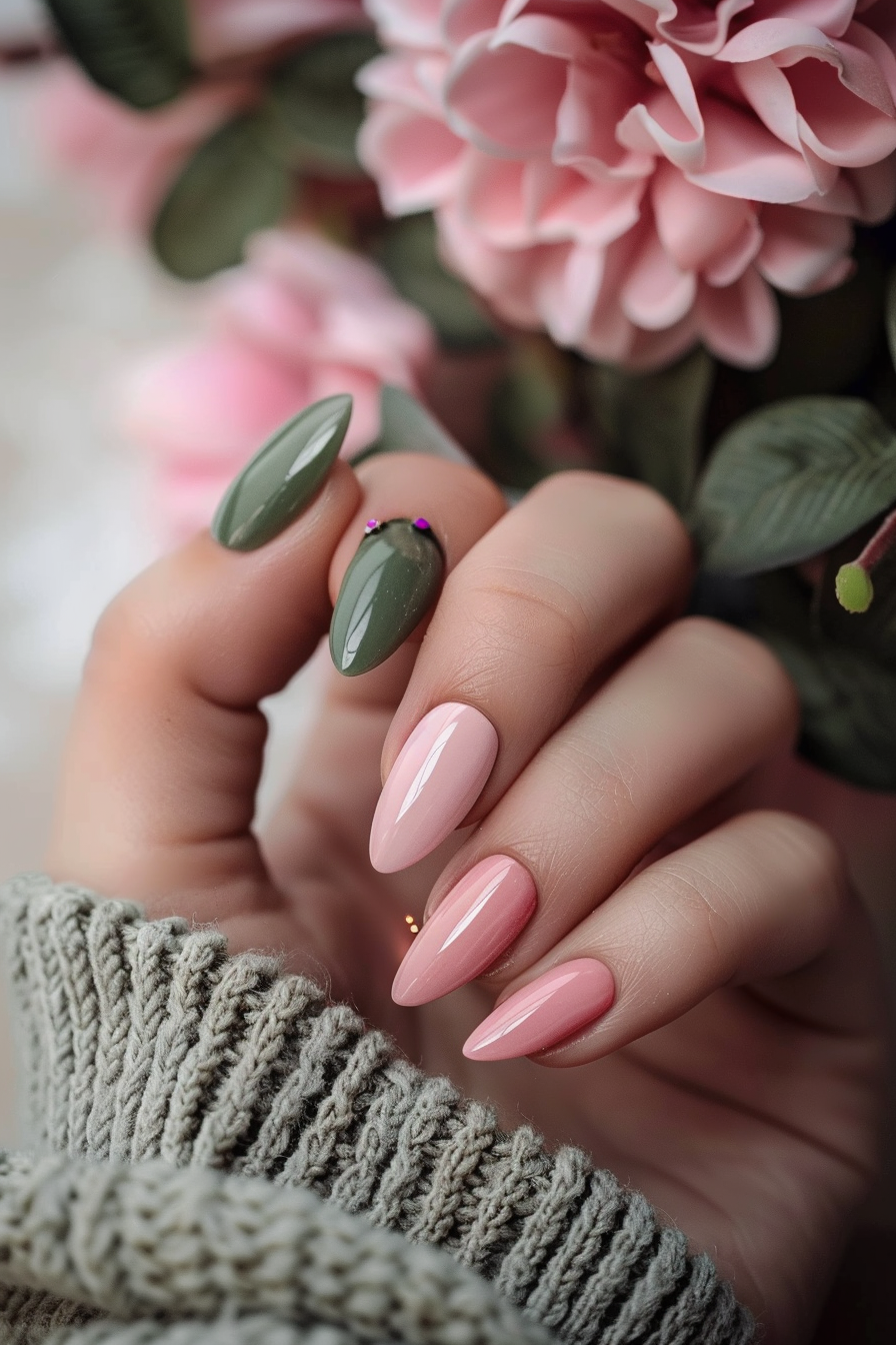 Sage Green and Pink Nails