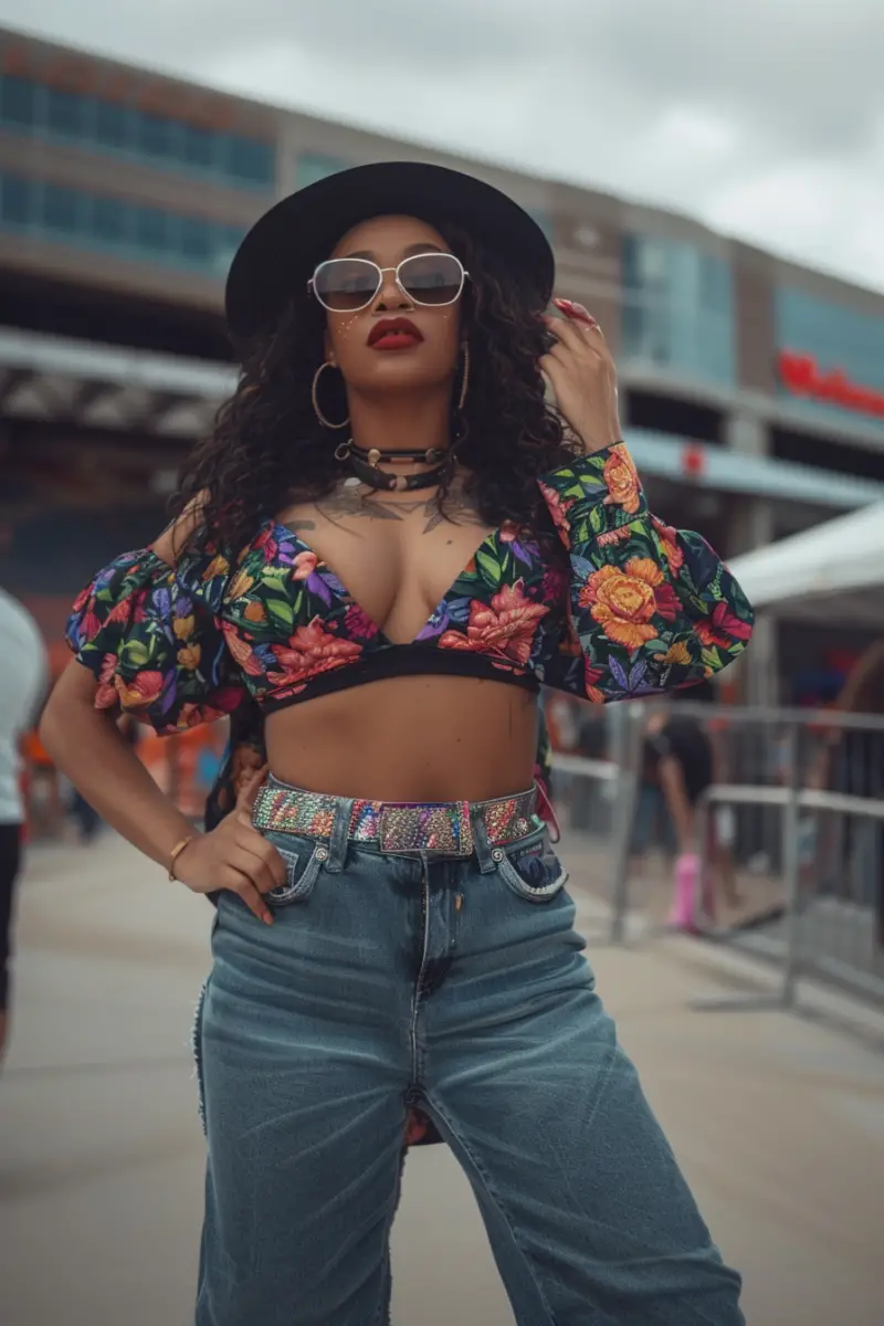 a woman wearing an outfit for a Pitbull concert
