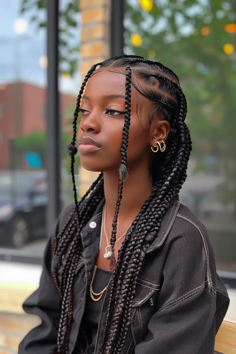 a black woman with Medium Knotless Braid Styles