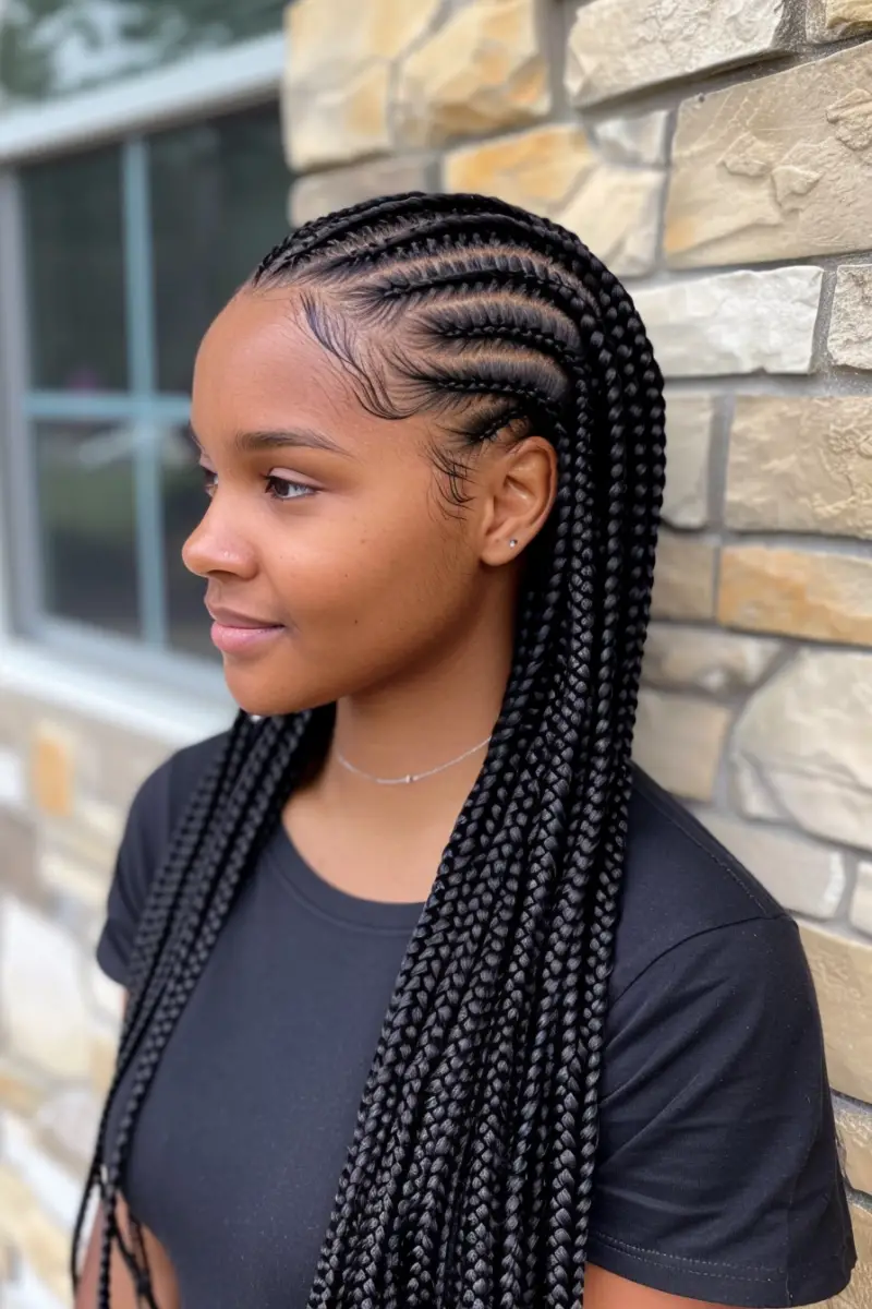 a black woman with Medium Knotless Braid Styles