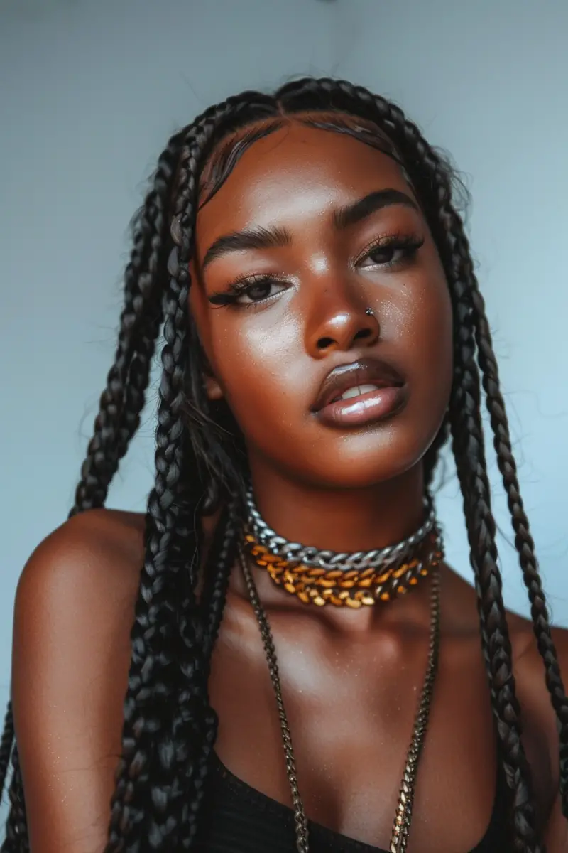 a black woman with Medium Knotless Braid Styles