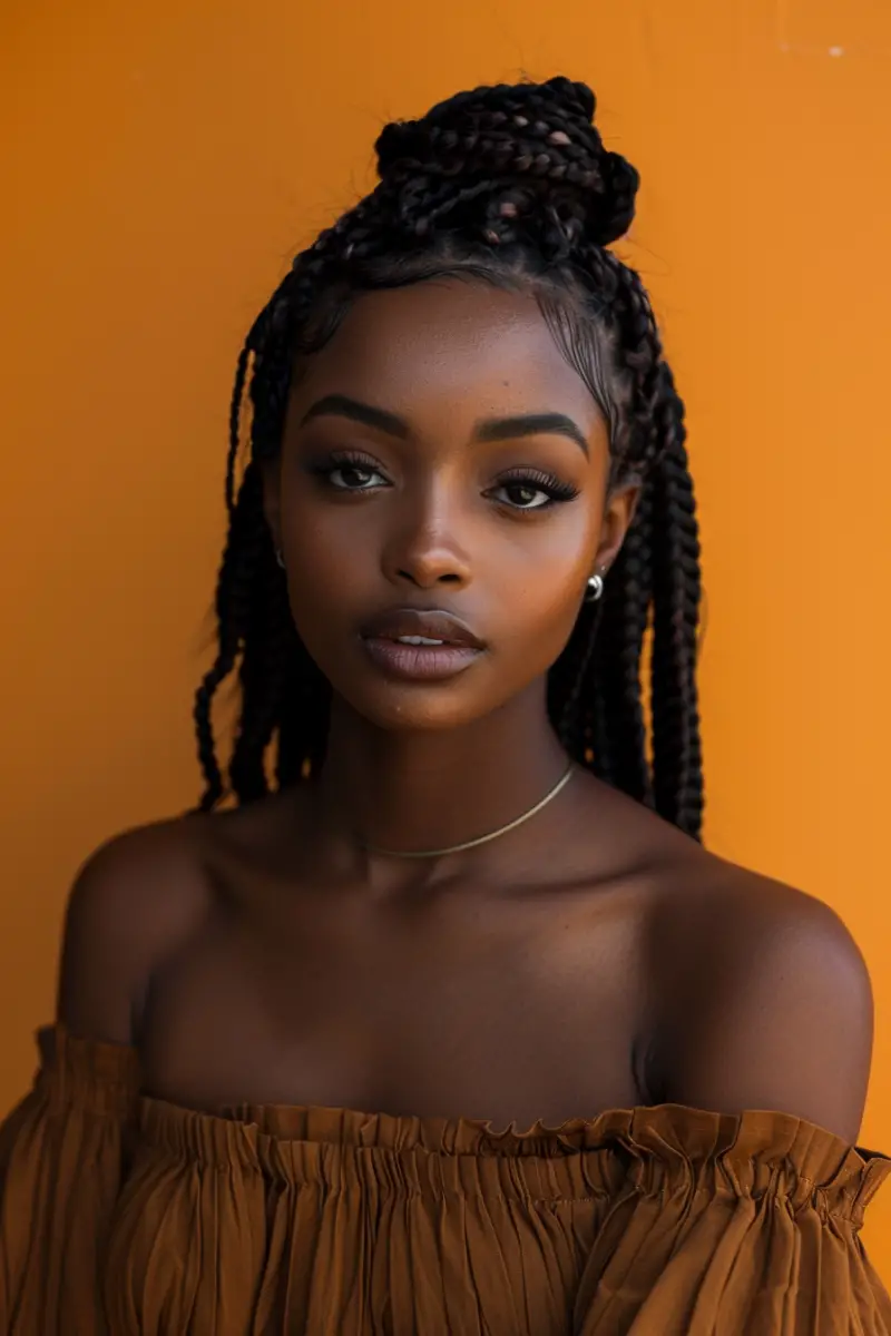 a black woman with Medium Knotless Braid Styles
