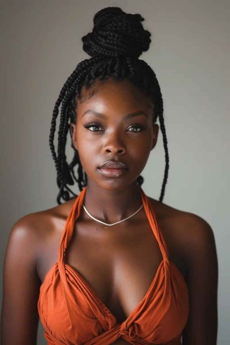 a black woman with Medium Knotless Braid Styles