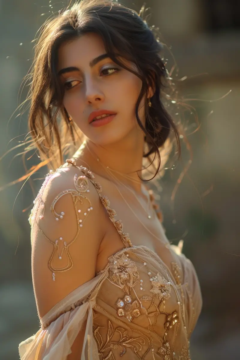A woman with makeup for a camel dress
