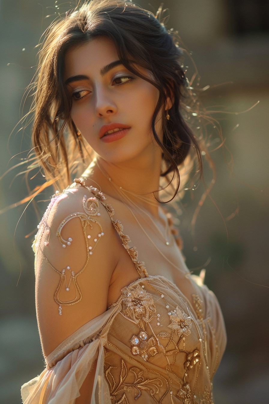 A woman with makeup for a camel dress
