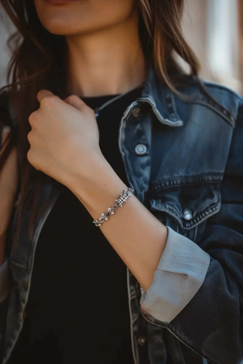 woman wearing Pandora bracelet with charms