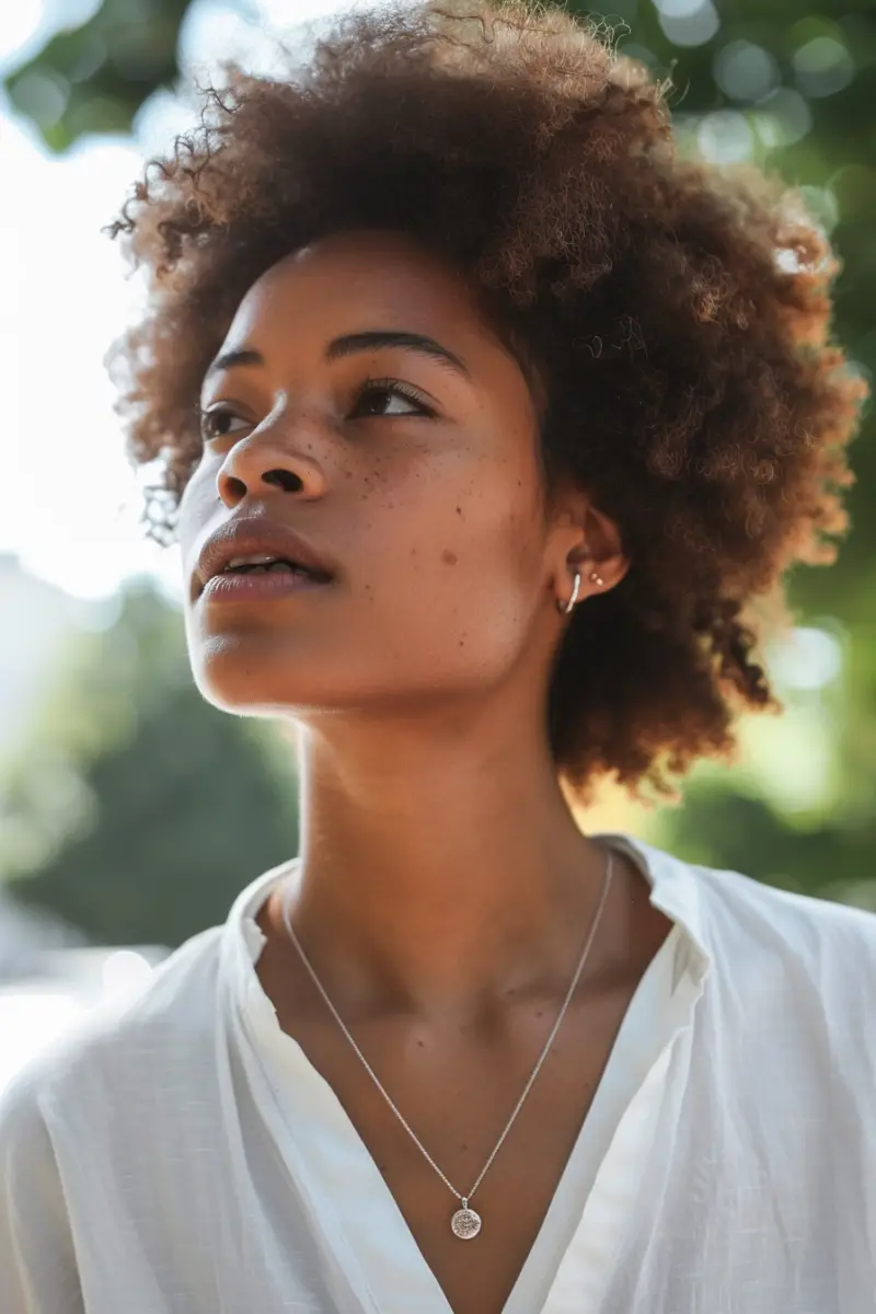 a woman wearing Pandora necklace