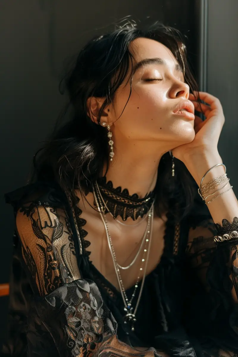 a woman wearing Pandora necklace