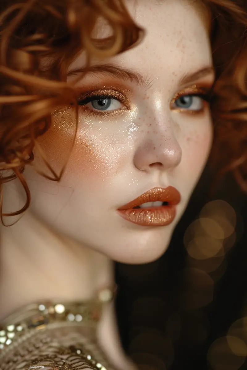 a woman with makeup for copper-dress