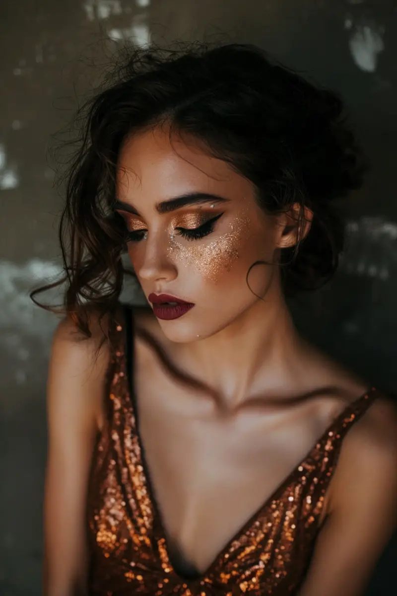 a woman with makeup for copper-dress