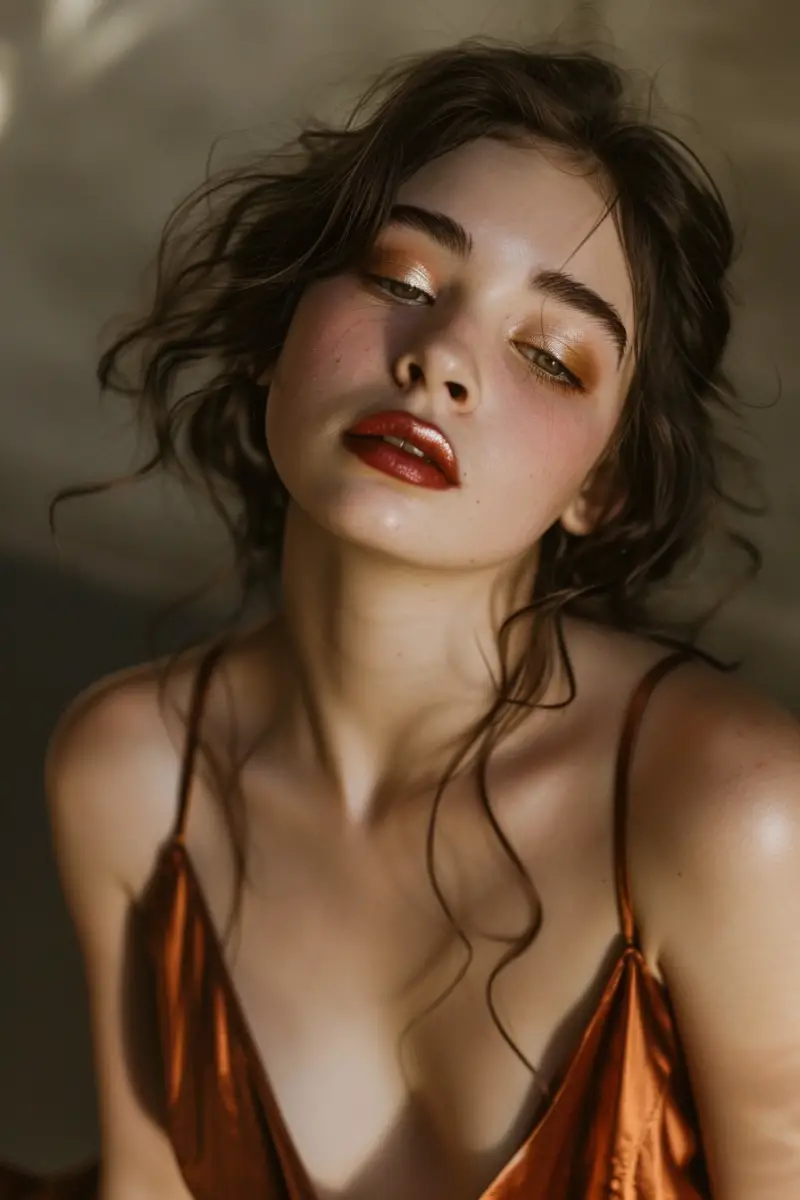 a woman with makeup for copper-dress