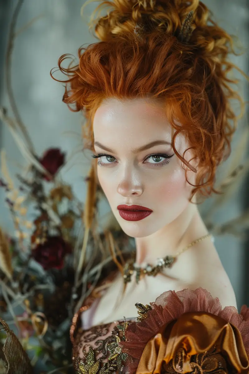 a woman with makeup for copper-dress