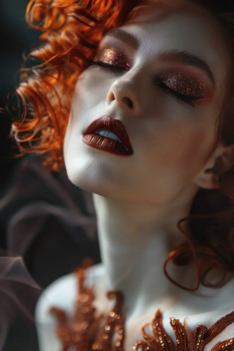 a woman with makeup for copper-dress