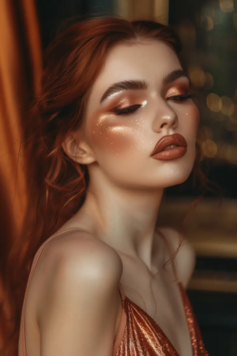 a woman with makeup for copper-dress